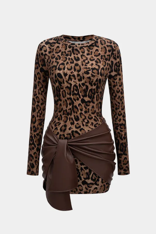 Leopard Print Faux Leather Patchwork Long Sleeve Mini Dress sold by Micas