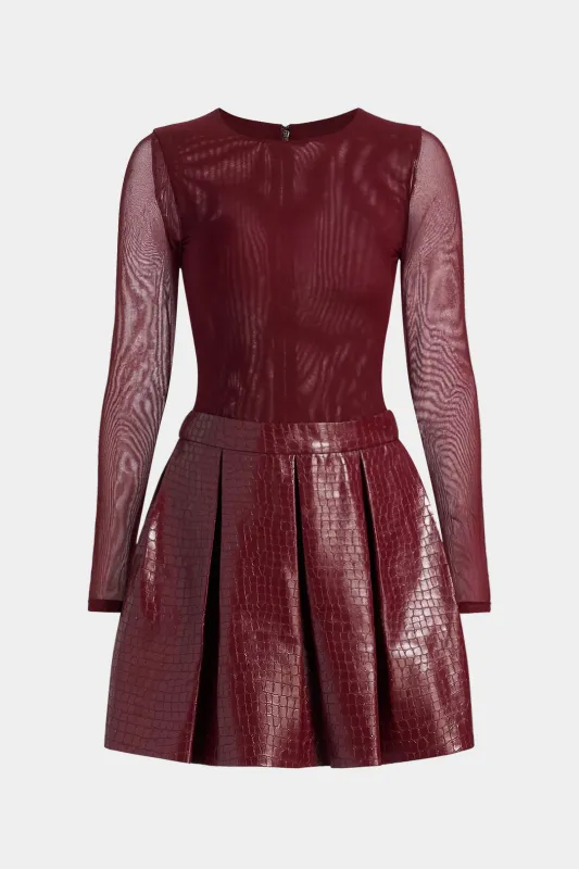 Faux Leather Patchwork Mesh Round Neck Long Sleeve Mini Dress sold by Micas