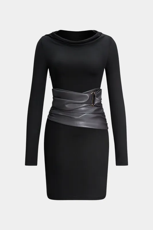 Leather Patchwork Ruched Long Sleeve Mini Dress sold by Micas