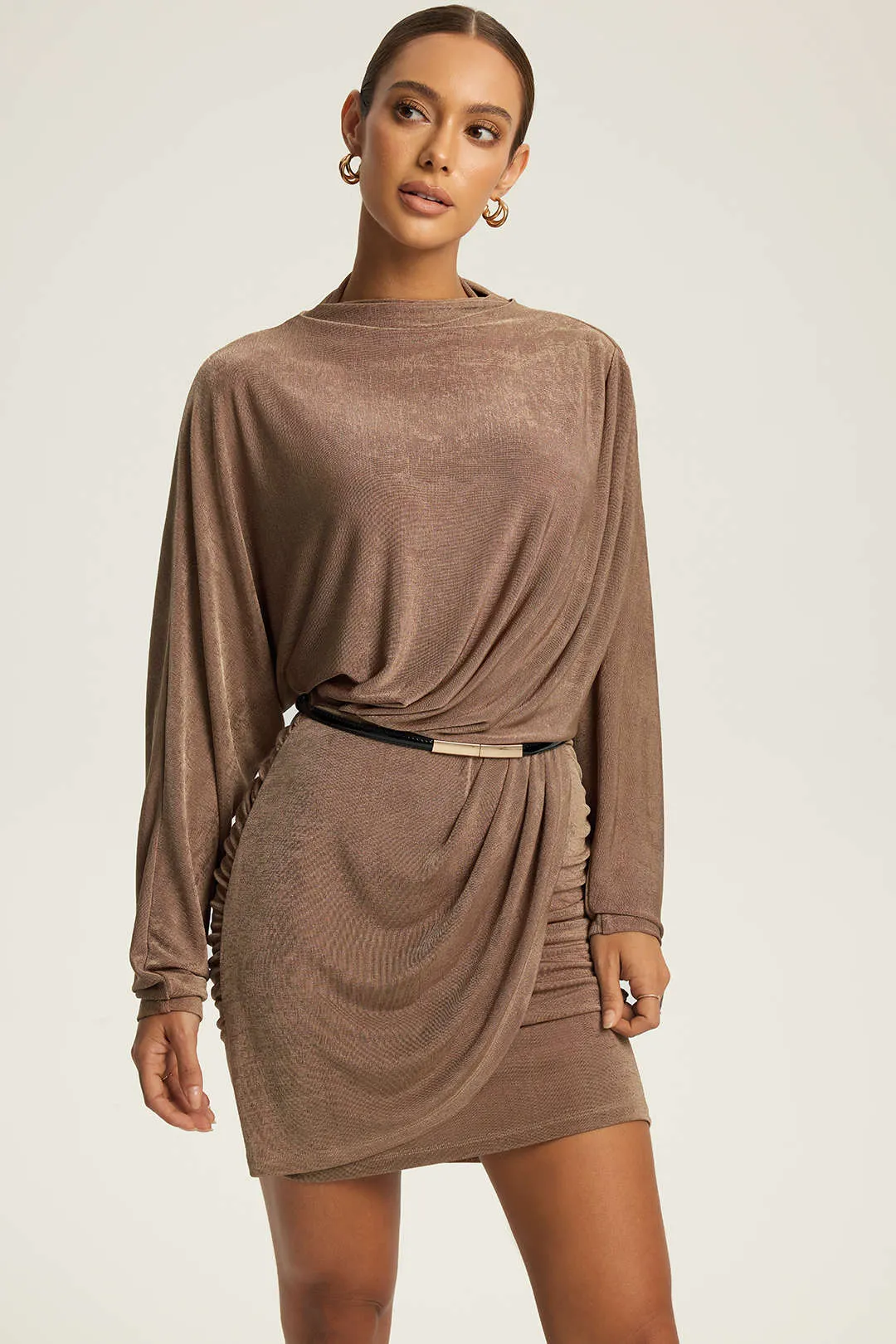 Ruched Belted Long Sleeve Mini Dress sold by Micas