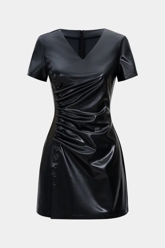 Faux Leather Ruched V-Neck Short Sleeve Mini Dress sold by Micas