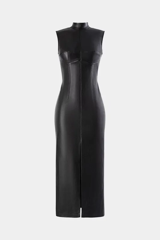Faux Leather Zipper High Slit Sleeveless Midi Dress sold by Micas