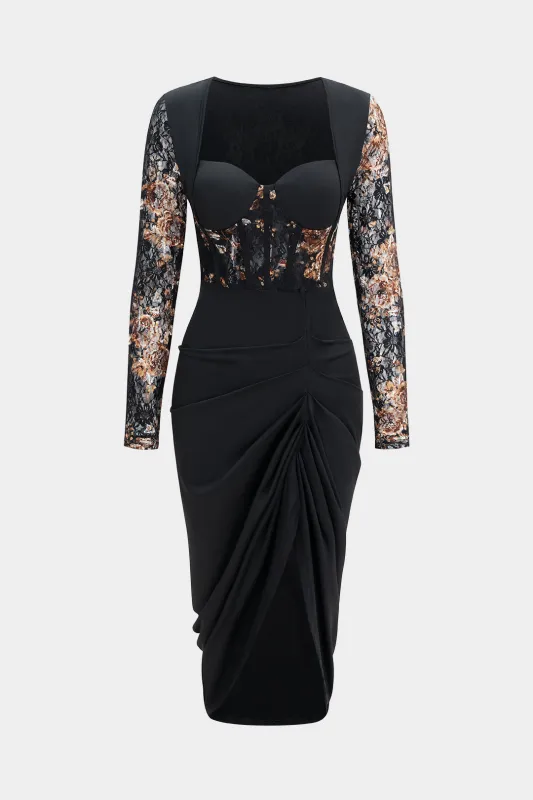 Floral Print Lace Patchwork Long Sleeve Midi Dress sold by Micas