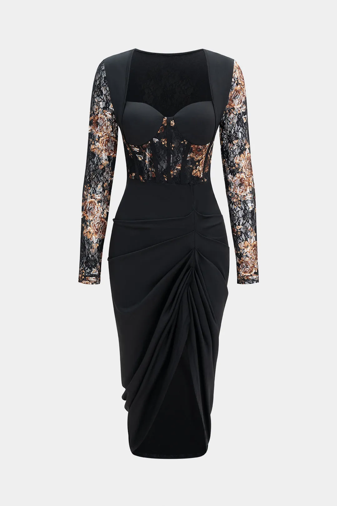 Floral Print Lace Patchwork Long Sleeve Midi Dress sold by Micas