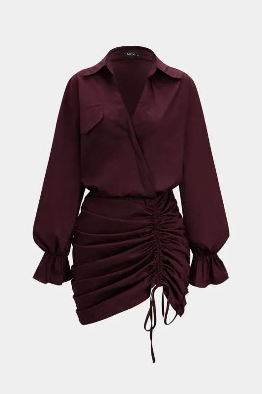 Ruched V-Neck Drawstring Ruffle Long Sleeve Mini Dress sold by Micas