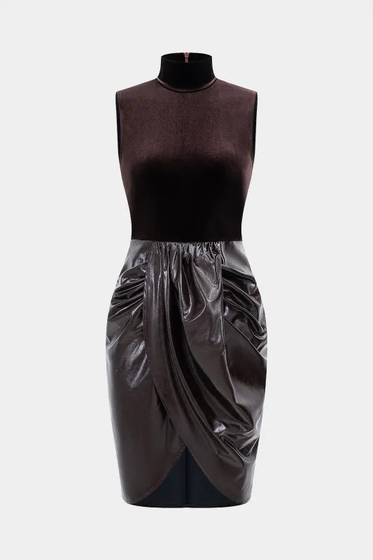 Faux Leather Patchwork Mock Neck Ruched Sleeveless Midi Dress sold by Micas