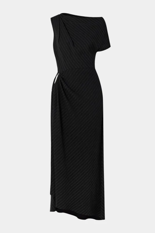 Stripe Print Metallic Ruched Asymmetrical Slit Maxi Dress sold by Micas