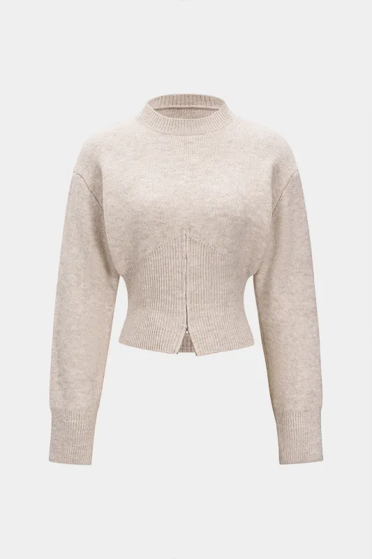 Knit Waist-Cinching Zipper Long-Sleeve Top sold by Micas