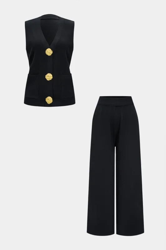 Knit Metallic Button Pocket Vest And Wide Leg Pant Set sold by Micas