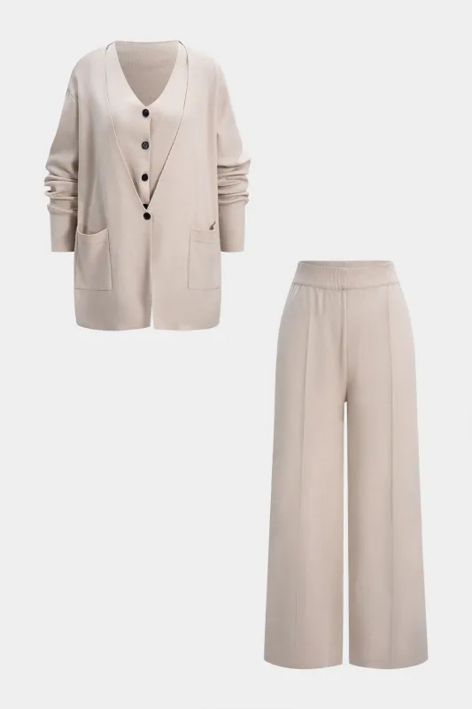 Knit Button Vest And Long Cardigan And Wide Leg Pants Set sold by Micas