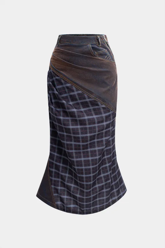 Denim Washed Plaid Print Patchwork Skirt sold by Micas