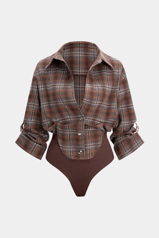 Plaid Print V-Neck Long Sleeve Bodysuit sold by Micas