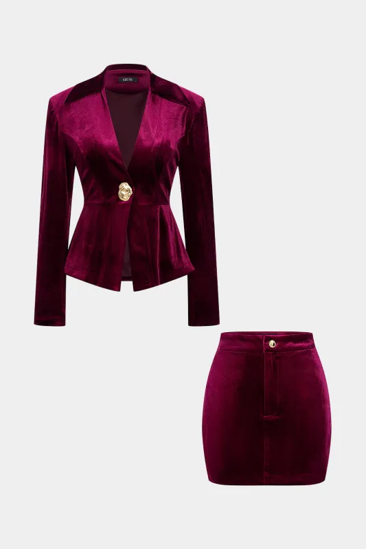 Metallic Button Zipper Shoulder Pads Long-Sleeve Top And Skirt Set sold by Micas