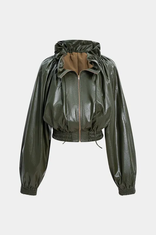 Faux Leather Ruffle Neck Shirred Drawstring Jacket sold by Micas