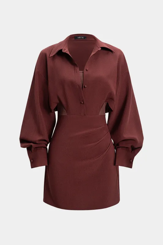 Lapel Neck Ruched Long Sleeve Mini Dress made by Micas