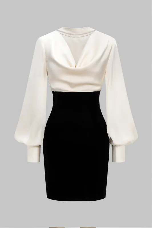 Drap Cowl Neck Satin Patchwork Long Sleeve Mini Dress sold by Micas