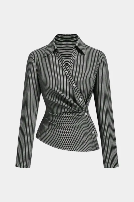 Stripes Print Asymmetrical Button Long-Sleeve Shirt sold by Micas