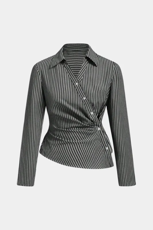 Plus Size Asymmetrical Button Long-Sleeve Shirt sold by Micas