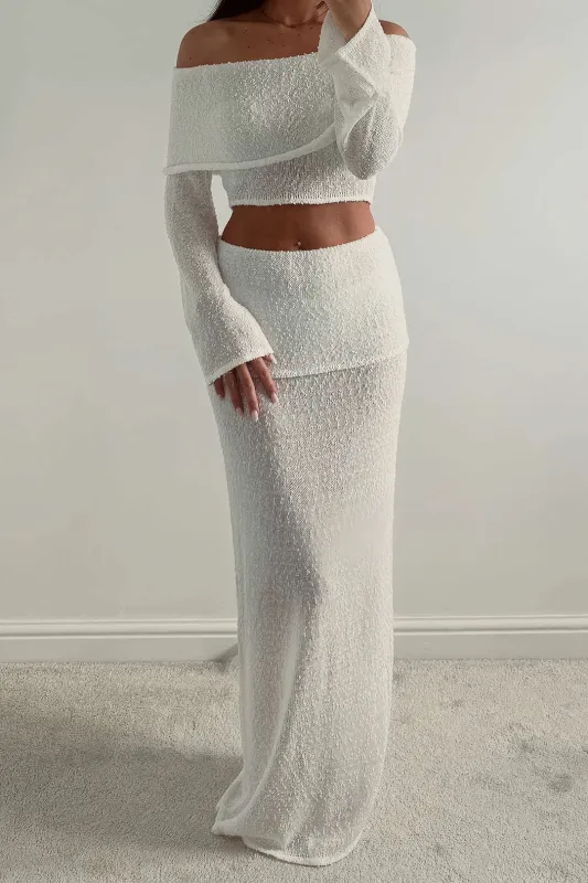 Knit Off-Shoulder Long-Sleeve Top And Split Skirt Set sold by Micas