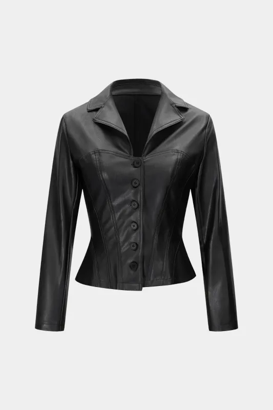 Faux Leather Notched Lapel Button Jacket sold by Micas