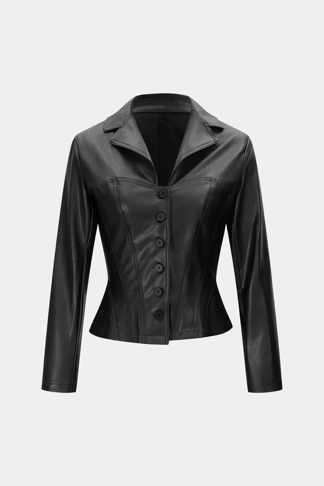 Faux Leather Notched Lapel Button Jacket sold by Micas