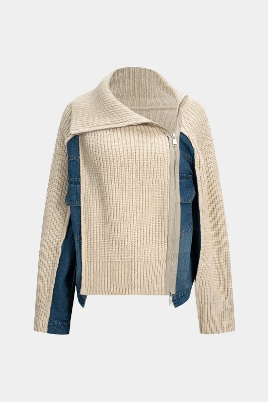 Knit Denim Patchwork Asymmetric Zipper Cardigan sold by Micas