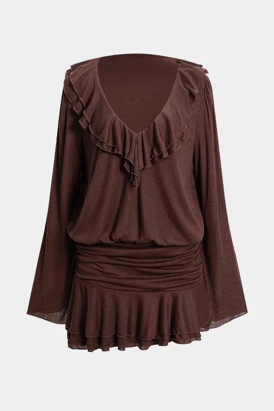 Solid Ruffel Ruched V-Neck Long Sleeve Mini Dress sold by Micas