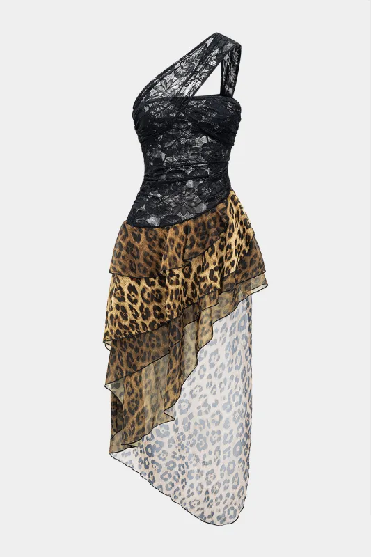 Leopard Print Chiffon Lace Sheer One Shoulder Ruffle Hem Sleeveless Midi Dress sold by Micas