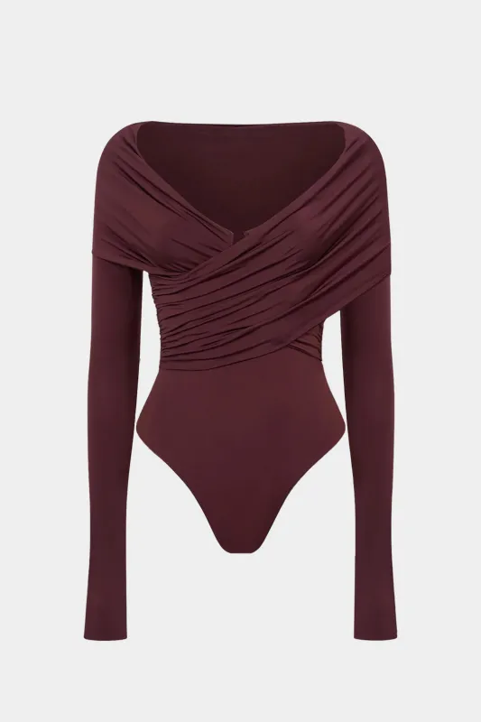 Crossed Ruched V-Neck Long Sleeve Bodysuit sold by Micas