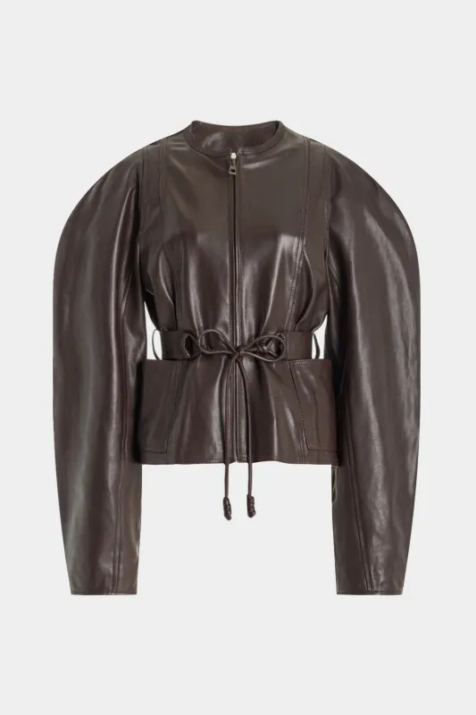 Faux Leather Zipper Tie-Front Gigot Sleeve Jacket sold by Micas