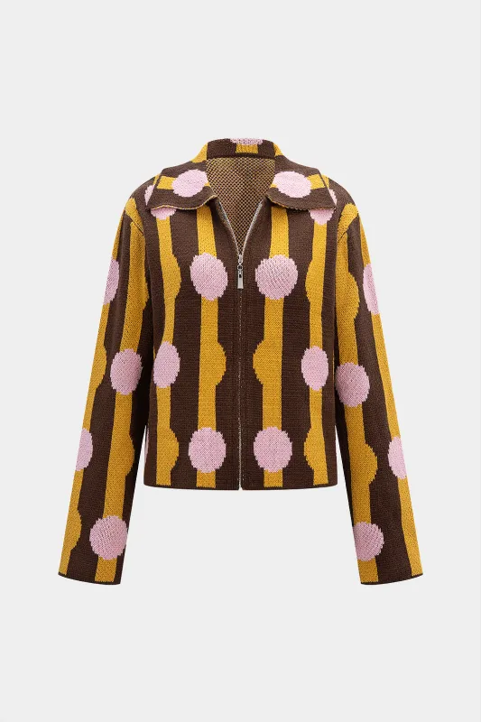 Knit Polka Dot Contrast Zipper Sweater Cardigan sold by Micas