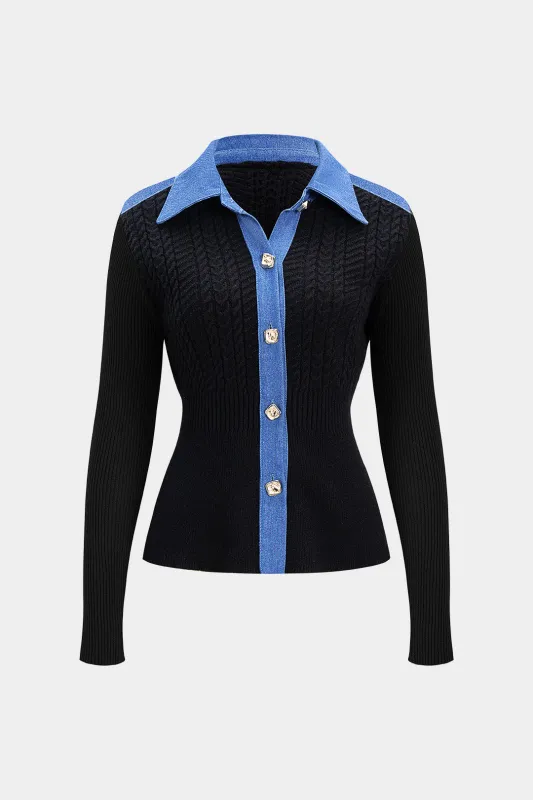 Knit Demin Patchwork Metallic Button Ribbed Cardigan sold by Micas