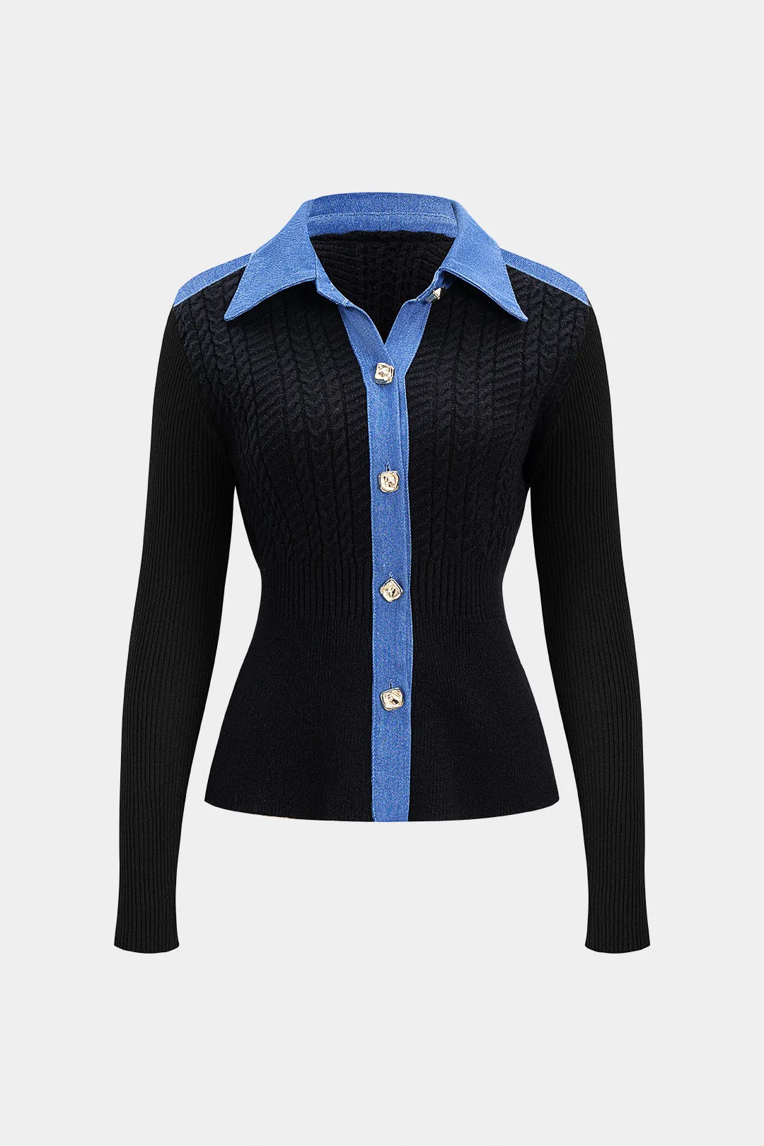 Knit Demin Patchwork Metallic Button Ribbed Cardigan sold by Micas