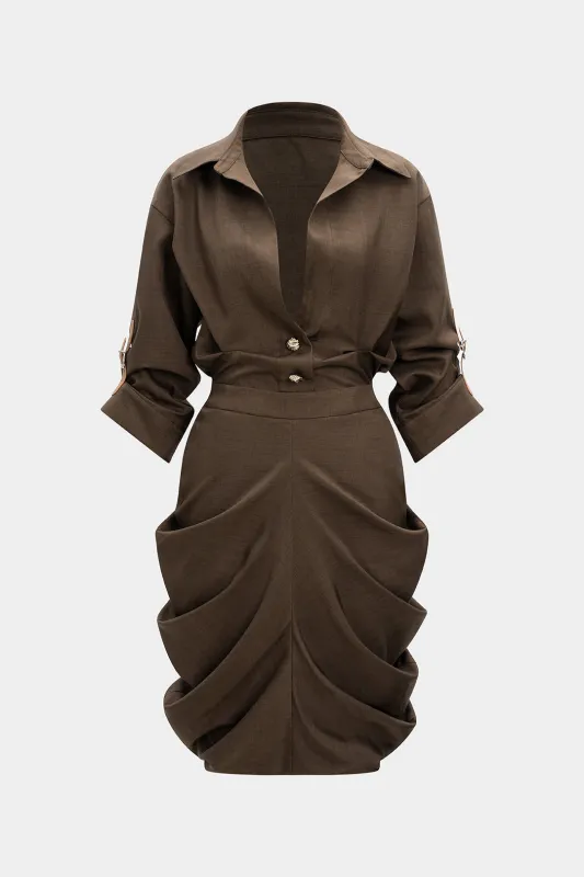 Ruched Button V-Neck Long Sleeve Midi Dress sold by Micas