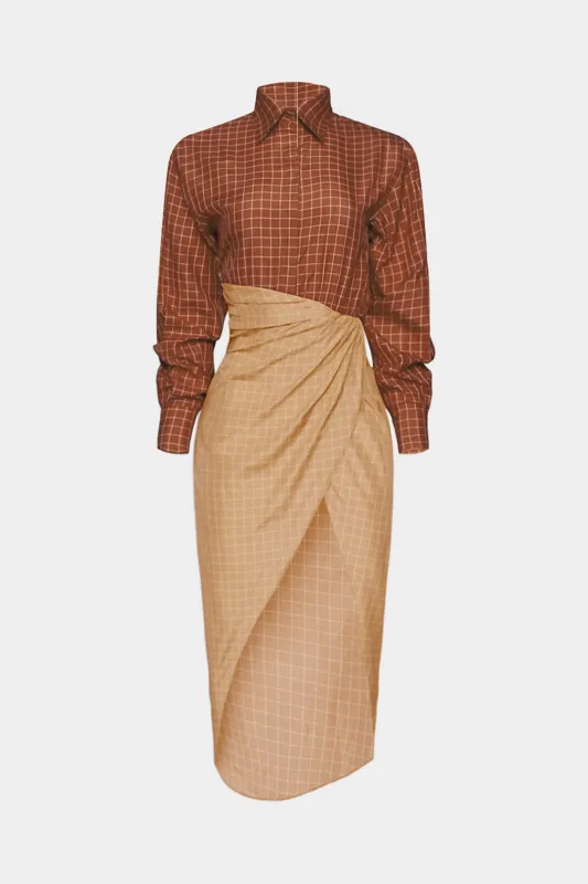 Plaid Print Contrast Asymmetrical Ruched Long Sleeve Midi Dress sold by Micas