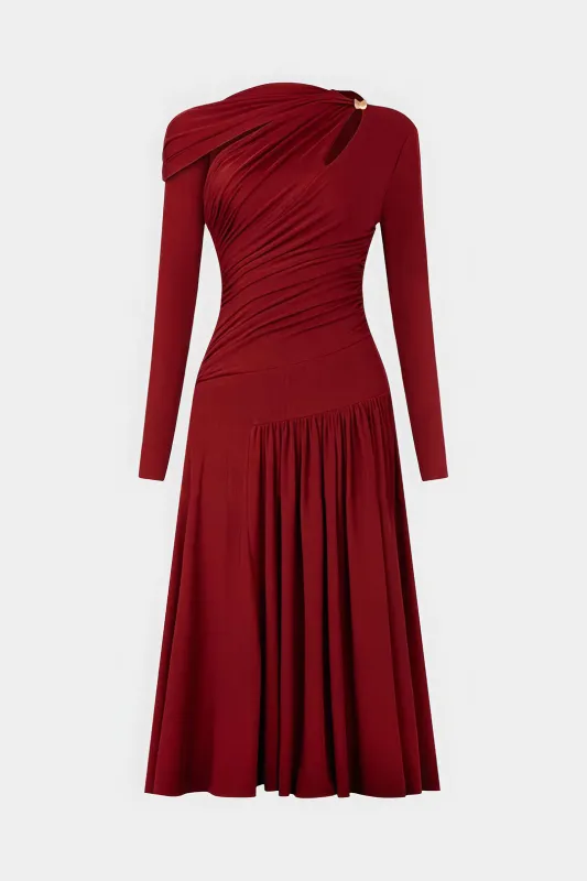 Metallic Asymmetric Cut Out Ruched Zipper Long Sleeve Maxi Dress sold by Micas