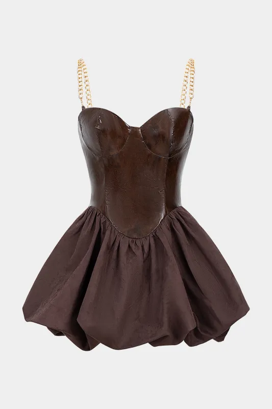 Faux Leather Suede Patchwork Puff Hem Metallic Chain Slip Mini Dress sold by Micas