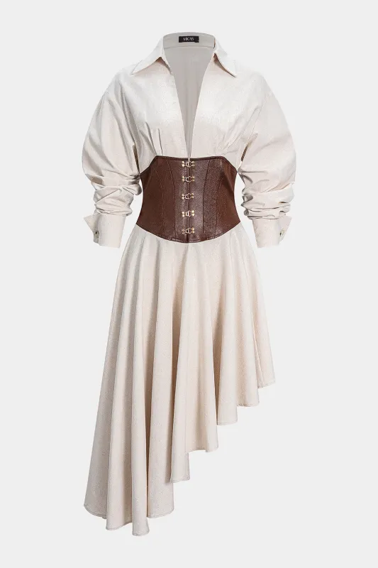 Faux Leather Patchwork Asymmetrical Hem Long Sleeve Maxi Dress sold by Micas