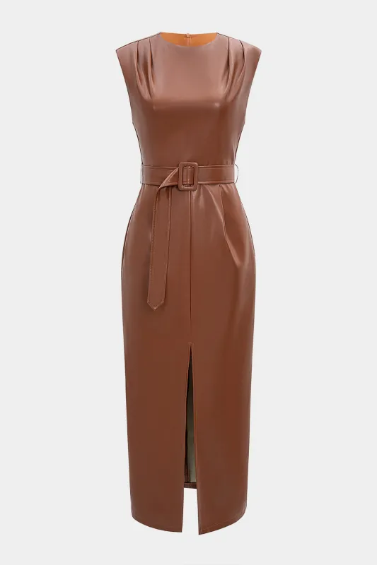 Faux Leather Zipper Slit Belted Sleeveless Maxi Dress sold by Micas