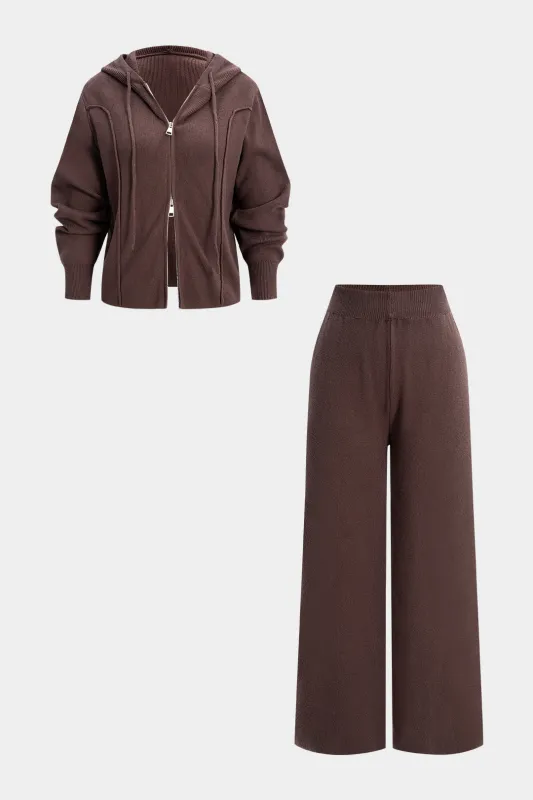 Knit Zipper Hooded Sweater Caedigan And Wide Leg Pants Set sold by Micas