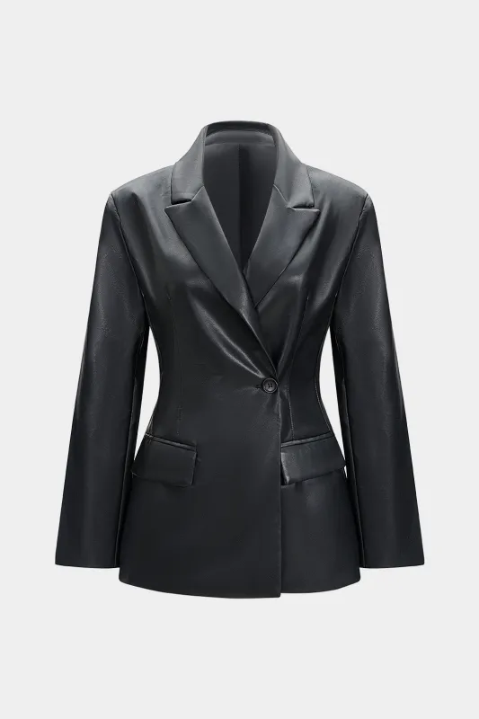 Faux Leather Button Blazer sold by Micas
