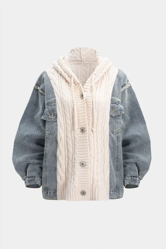 Knitted Demin Patchwork Metallic Button Hooded Sweater Cardigan sold by Micas