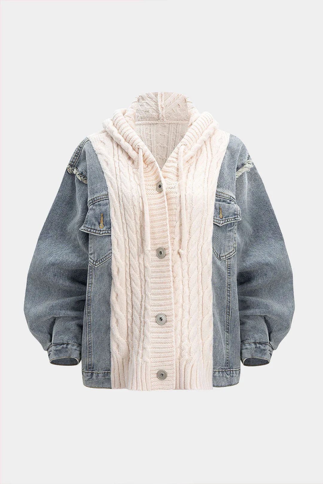 Knitted Denim Patchwork Metallic Button Hooded Sweater Cardigan sold by Micas