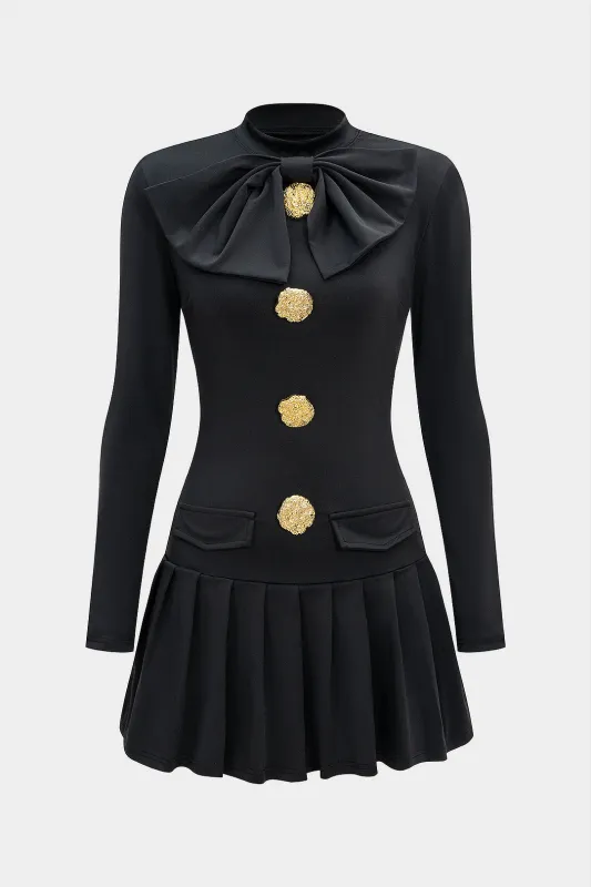 Metallic Button Bow Pleated Long Sleeve Mini Dress sold by Micas