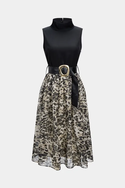 Leopard Print Mesh Patchwork Belted Sleeveless Maxi Dress sold by Micas