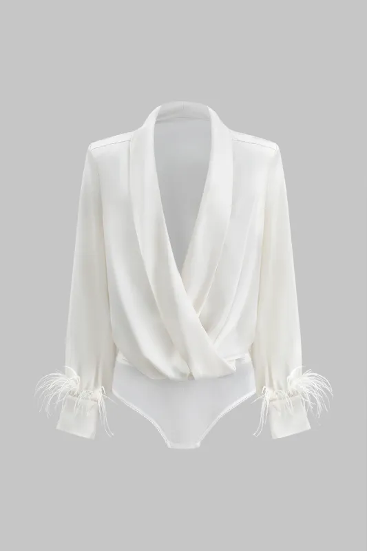 Crossed Ruched Fringe Trim Long Sleeve Bodysuit sold by Micas