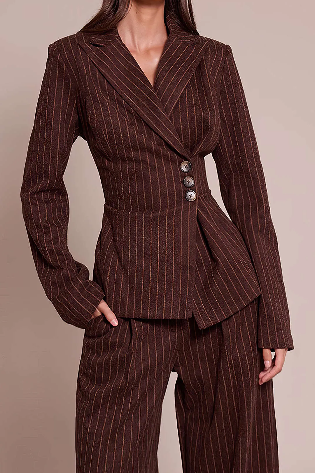 Notched Lapel Stripes Print Asymmetric Button Blazer sold by Micas product image thumbnail 2