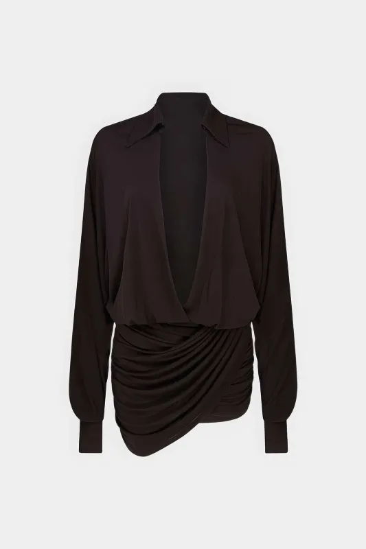 Ruched Deep V-Neck Asymmetrical Long Sleeve Mini Dress sold by Micas