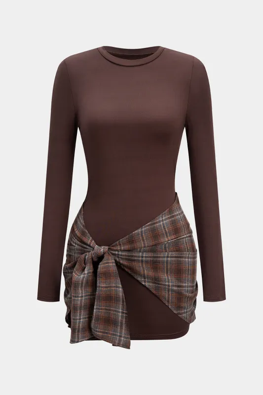 Plaid Print Patchwork Tie Front Long Sleeve Mini Dress made by Micas