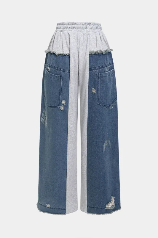 Washed Denim Patchwork Ripped Frayed Wide Leg Pants sold by Micas
